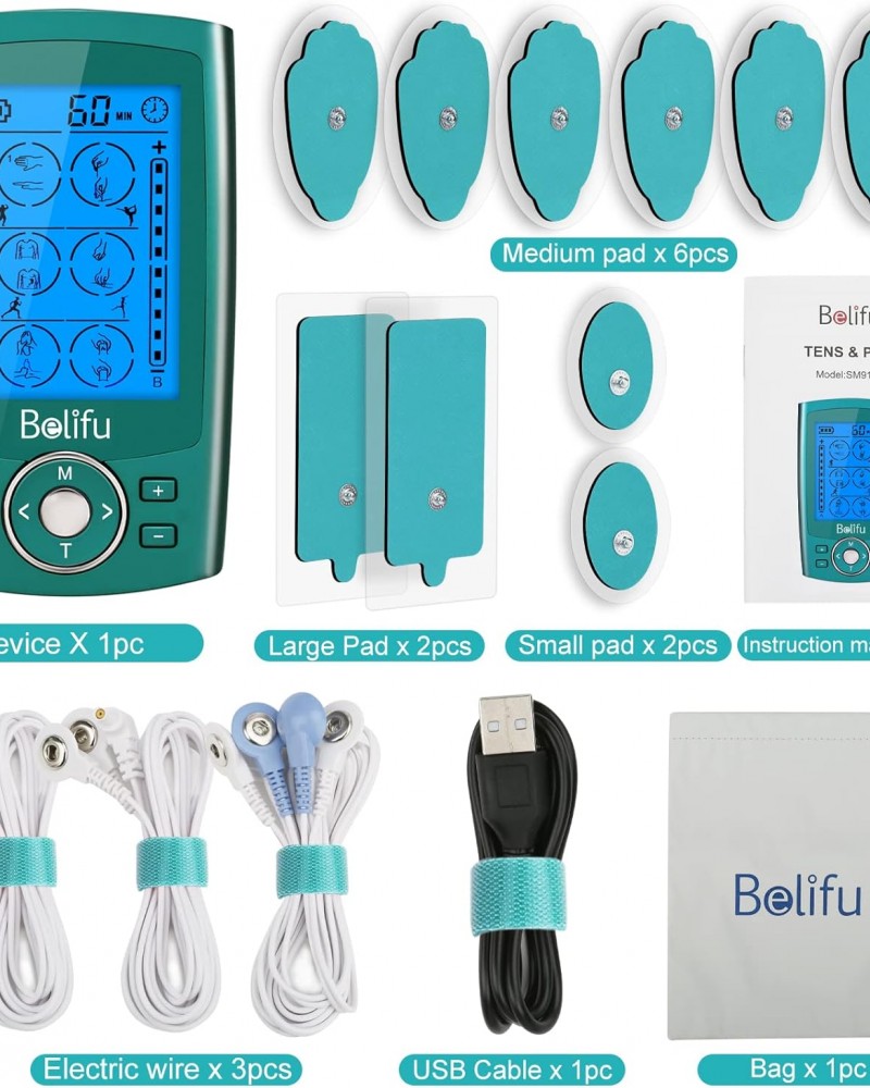 Belifu Dual Channel TENS EMS Unit 24 Modes Muscle Stimulator for Pain Relief Therapy, Electronic Pulse Massager Muscle Massager with 10 Pads, Dust-Proof Drawstring Storage Bag, Fastening Cable Ties